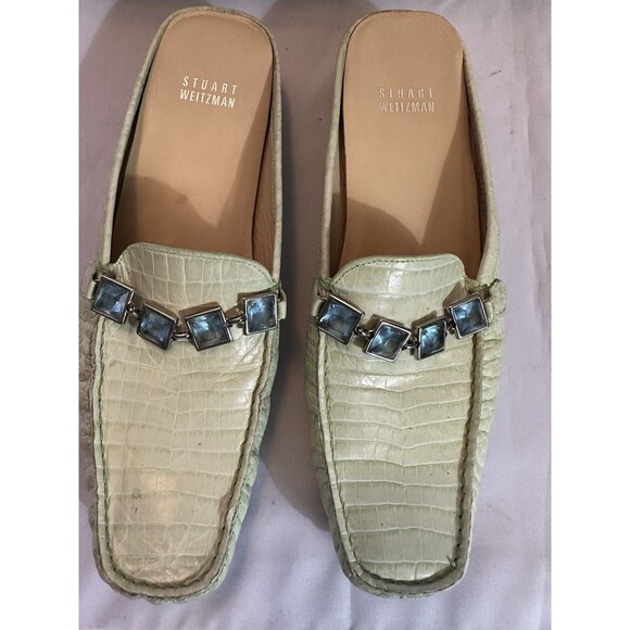 Stuart Weitzman Light Green Croc Embossed Leather Loafer Slide Rhinestone Sz 8N - Picture 4 of 6